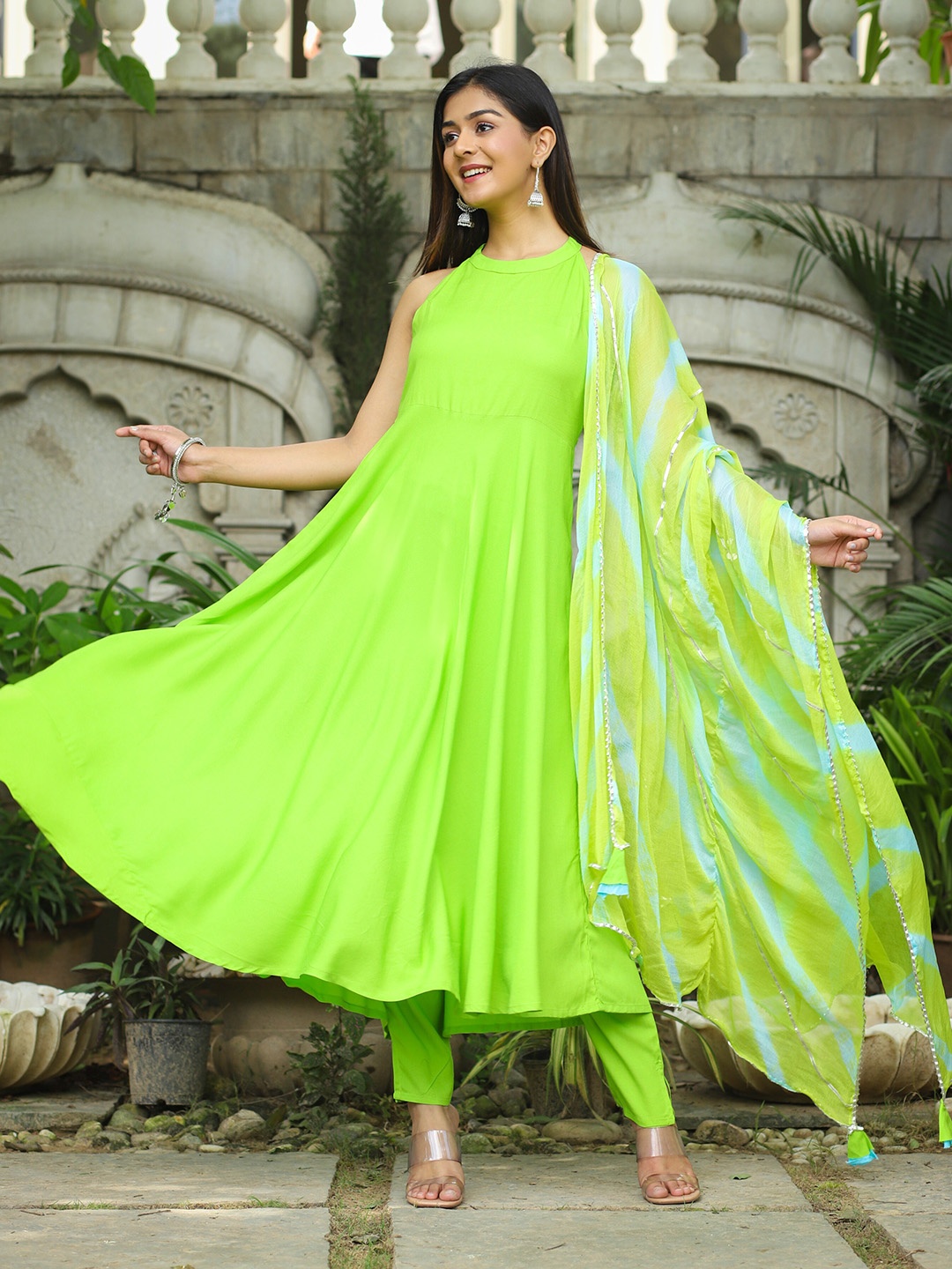 

Meeranshi Anarkali Kurta with Trousers & With Dupatta, Lime green