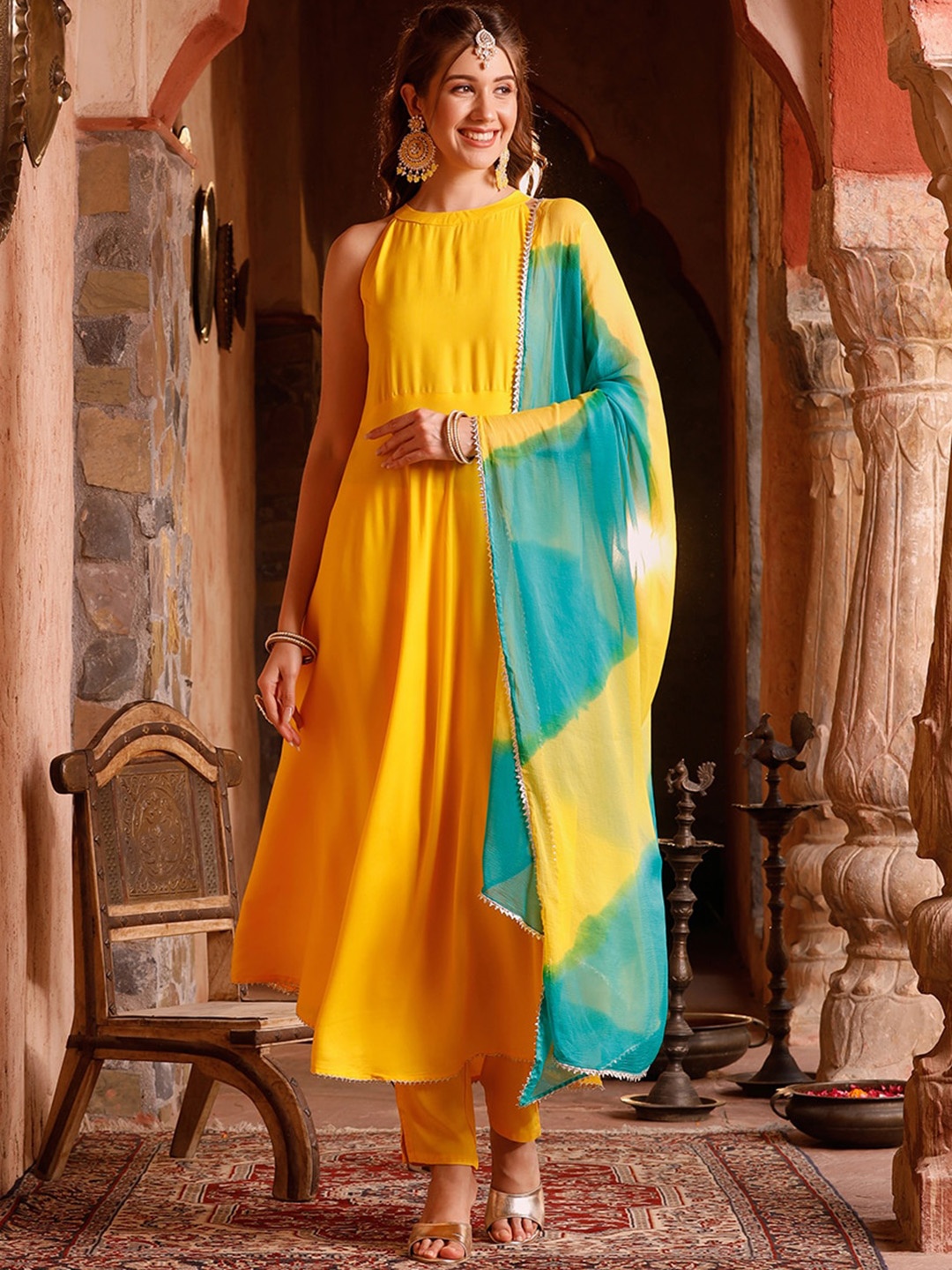 

Meeranshi Anarkali Kurta with Trousers & With Dupatta, Yellow