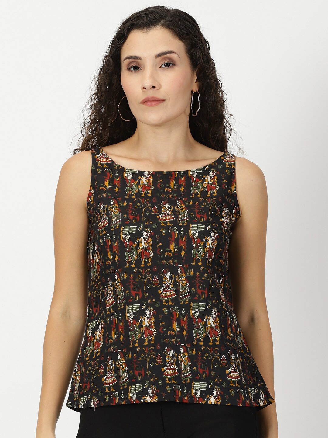 

Saffron Threads Black Tribal Printed Boat Neck Pure Cotton Top