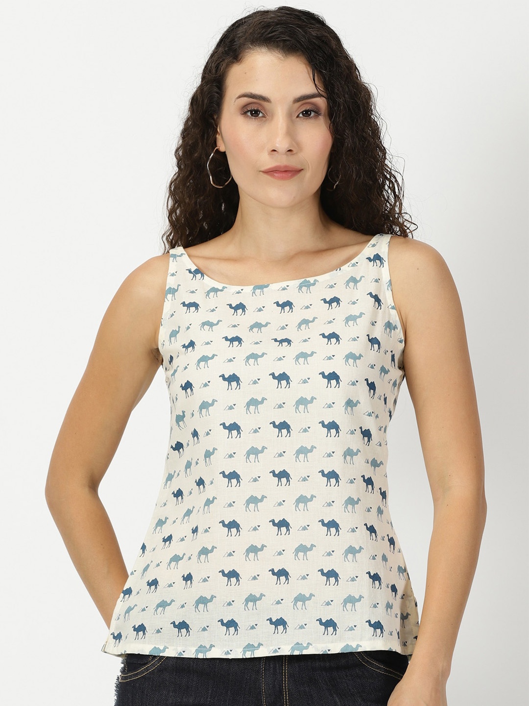 

Saffron Threads Conversational Printed Boat Neck Pure Cotton Top, White