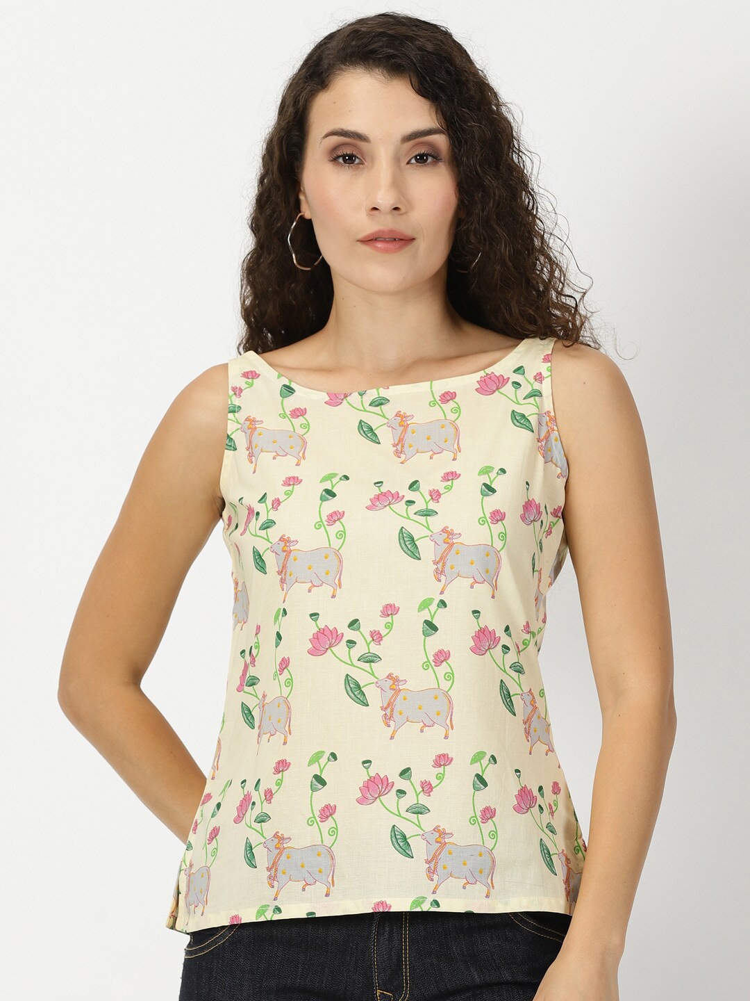 

Saffron Threads Ethnic Motifs Printed Boat Neck Cotton Top, Cream