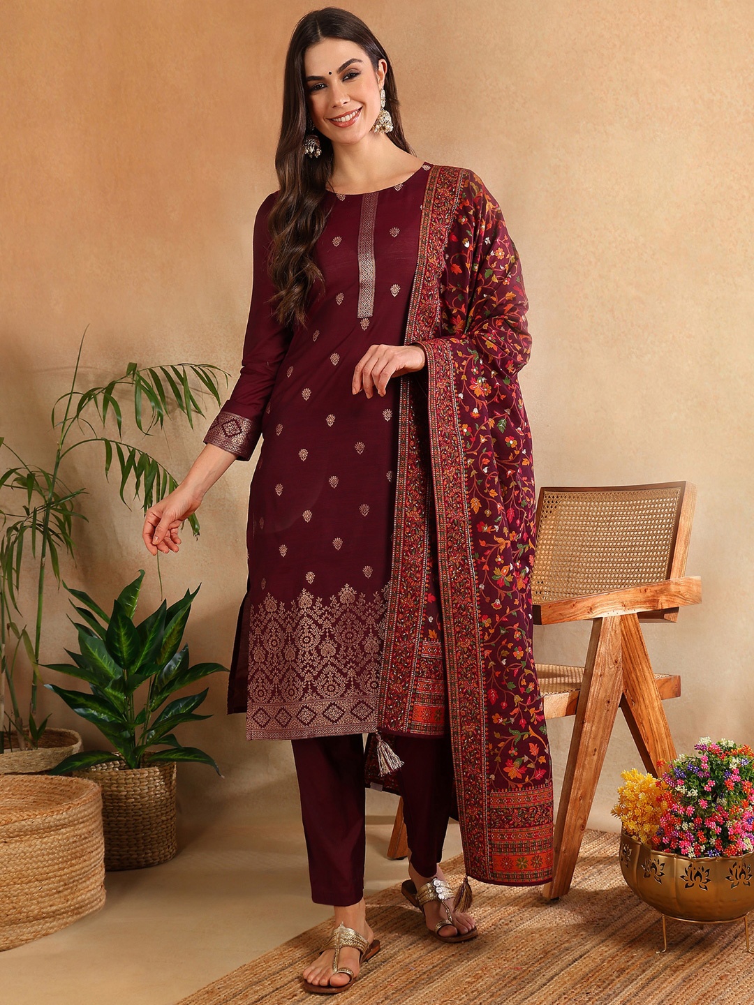 

AHIKA Ethnic Motifs Woven Design Straight Kurta & Trousers With Dupatta, Burgundy