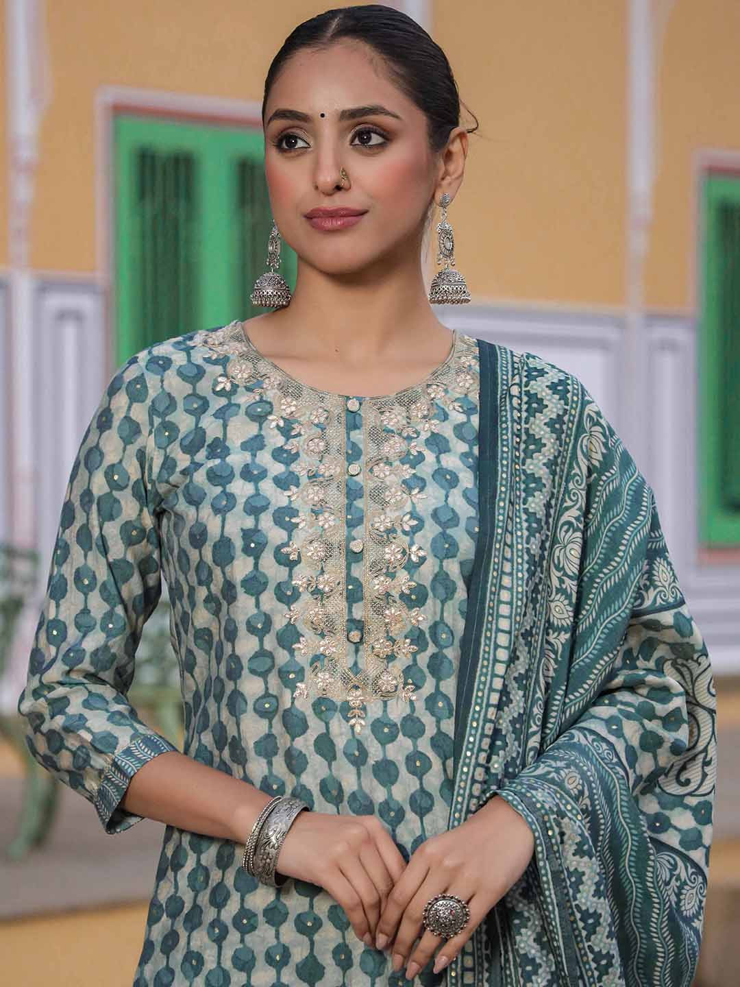 

AHIKA Ethnic Motifs Printed Thread Work Straight Kurta & Trousers With Dupatta, Green