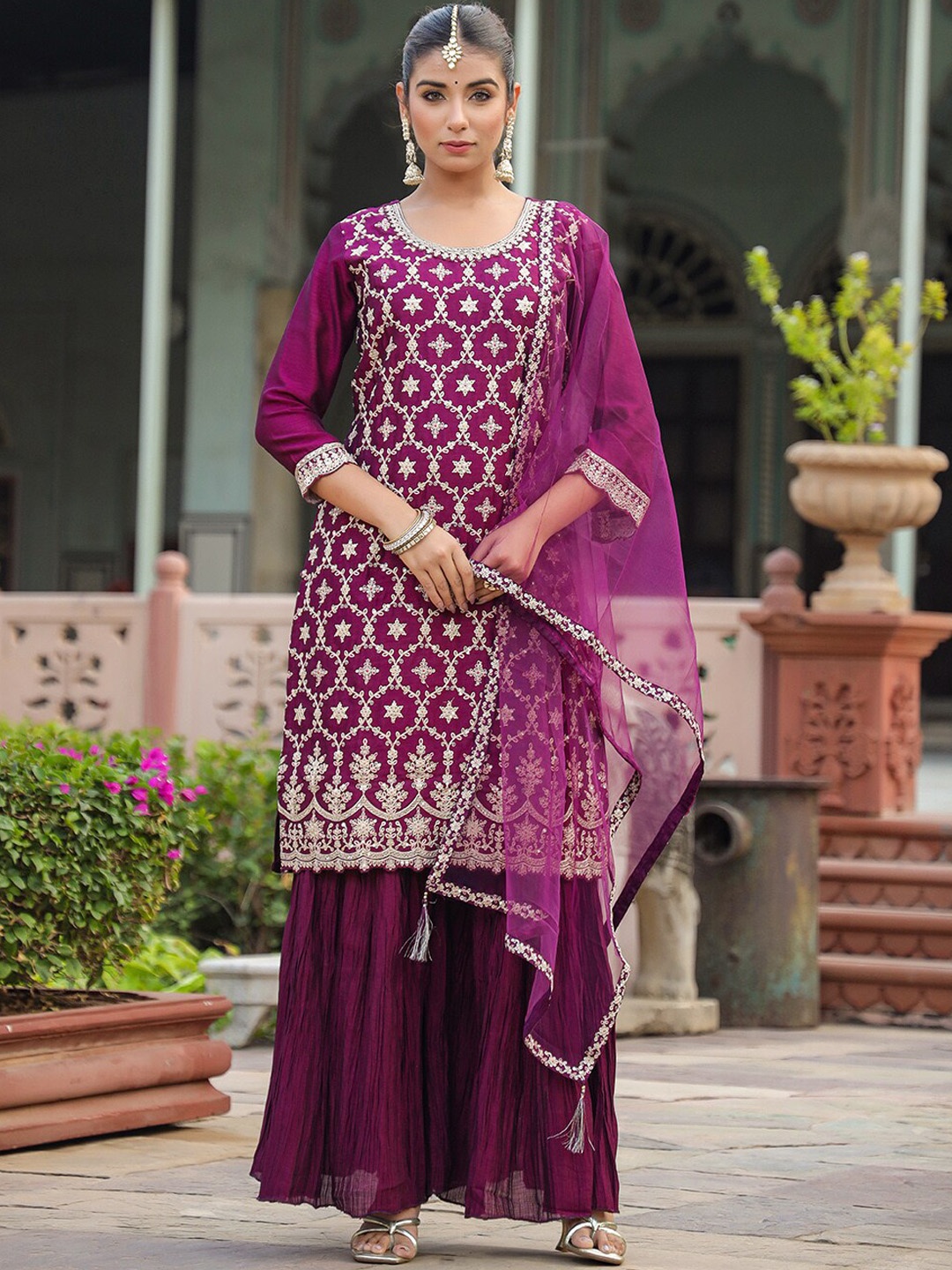 

AHIKA Ethnic Motif Embroidered Straight Kurta & Sharara With Dupatta, Burgundy