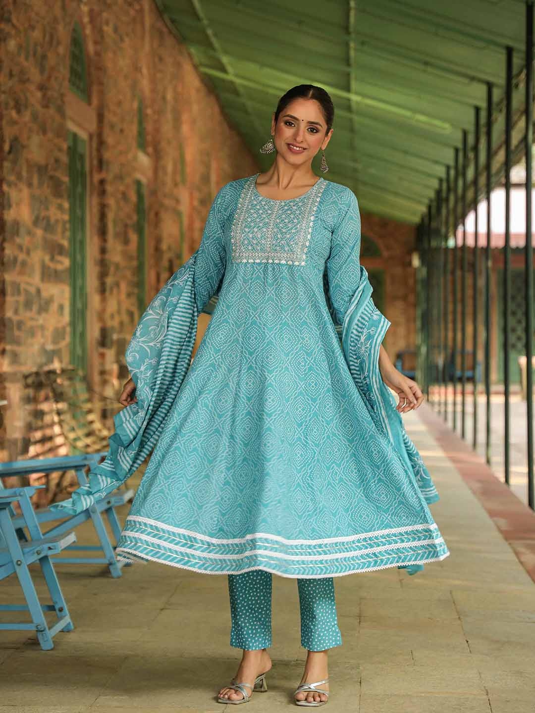 

AHIKA Bandhani Printed A-Line Thread Work Kurta With Trousers & Dupatta, Blue