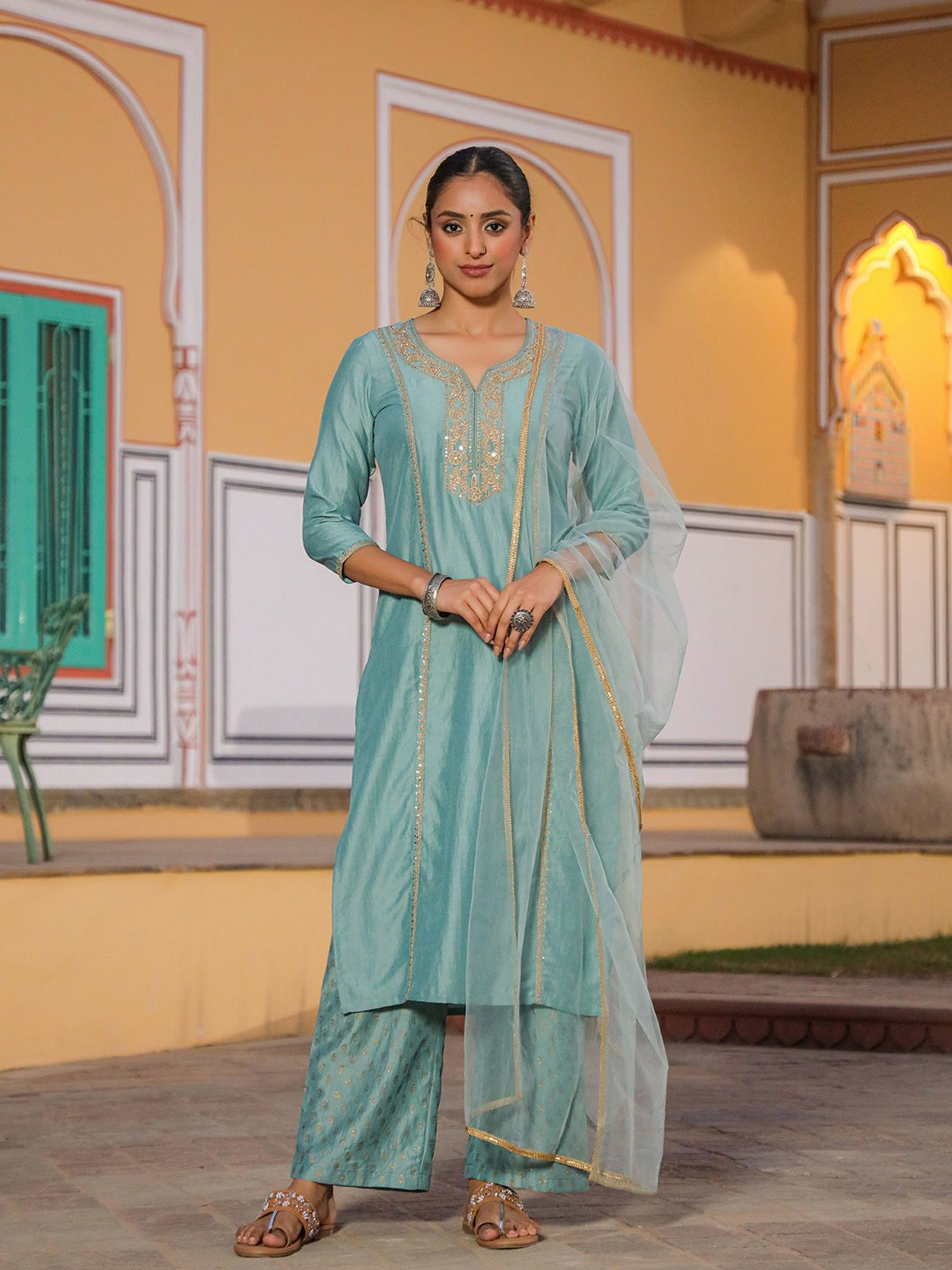 

AHIKA Ethnic Motifs Yoke Design Straight Kurta & Palazzos With Dupatta, Sea green