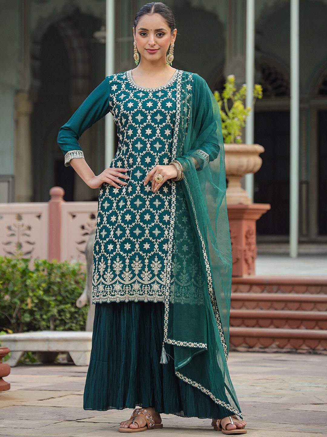 

AHIKA Ethnic Motif Embroidered Straight Kurta & Sharara With Dupatta, Green