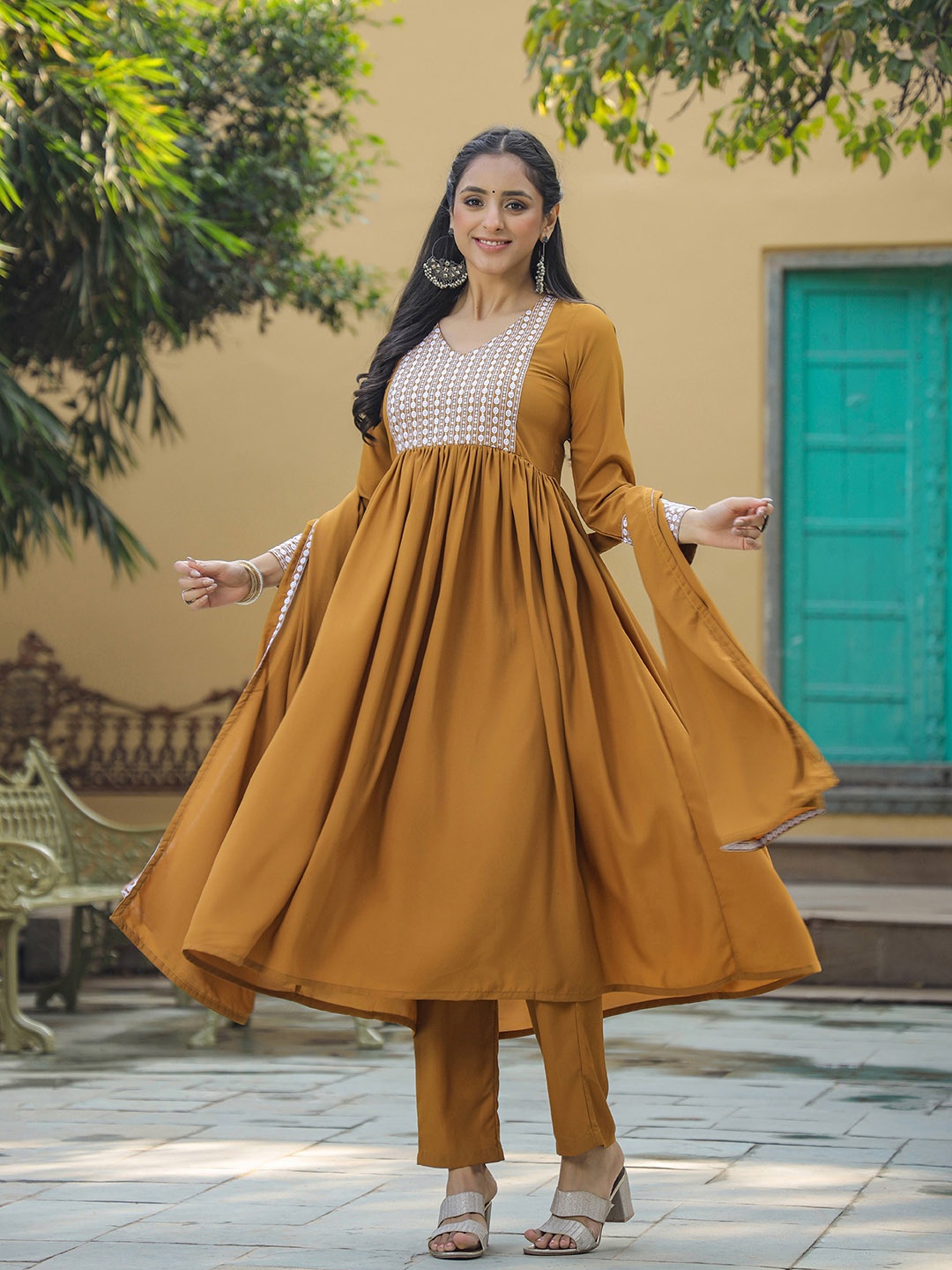 

AHIKA Ethnic Motifs Yoke Design Anarkali Kurta & Trousers With Dupatta, Mustard