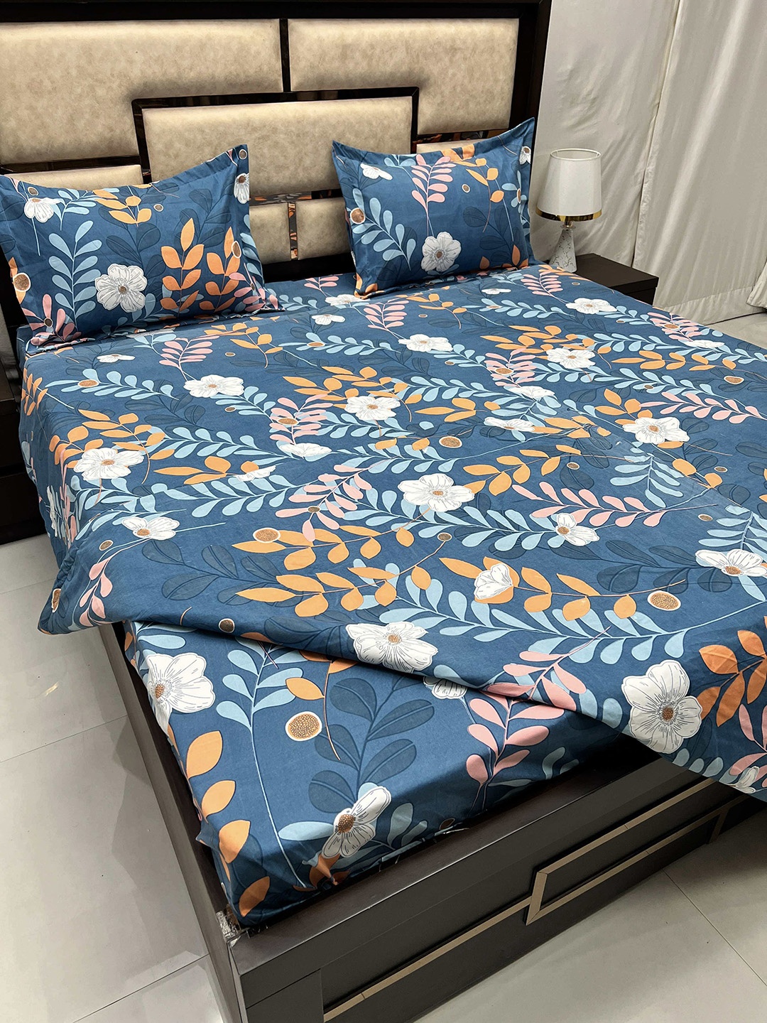 

Pure Decor Blue Floral Cotton 300 TC Double King Bedding Set