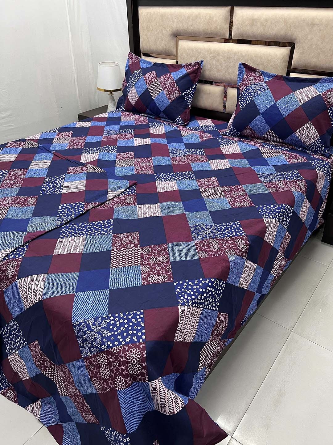 

Pure Decor Blue & Maroon Geometric Cotton Bedding Set
