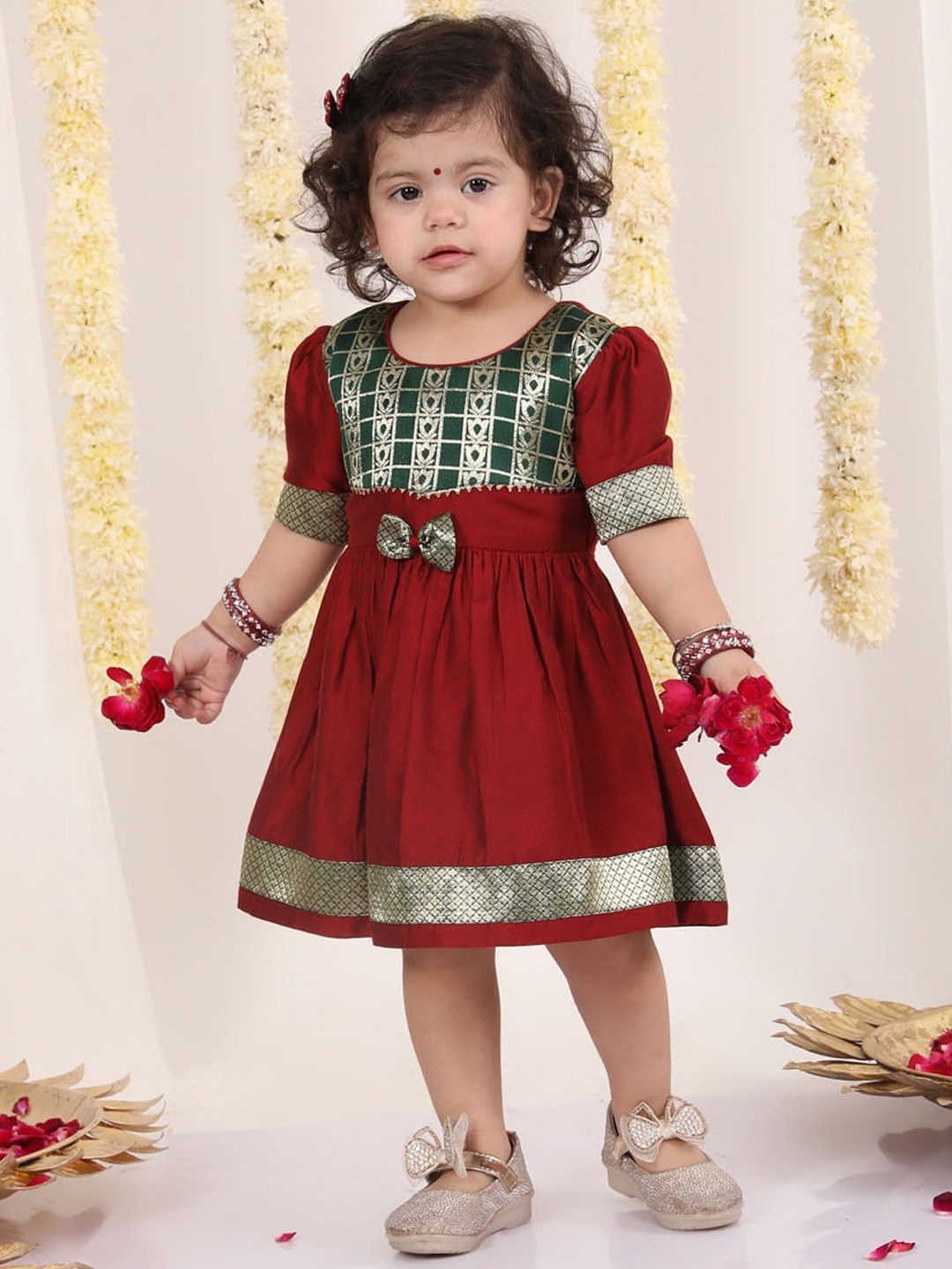 

VASTRAMAY Infant Girls Self Design Bow Fit & Flare Ethnic Dress, Maroon