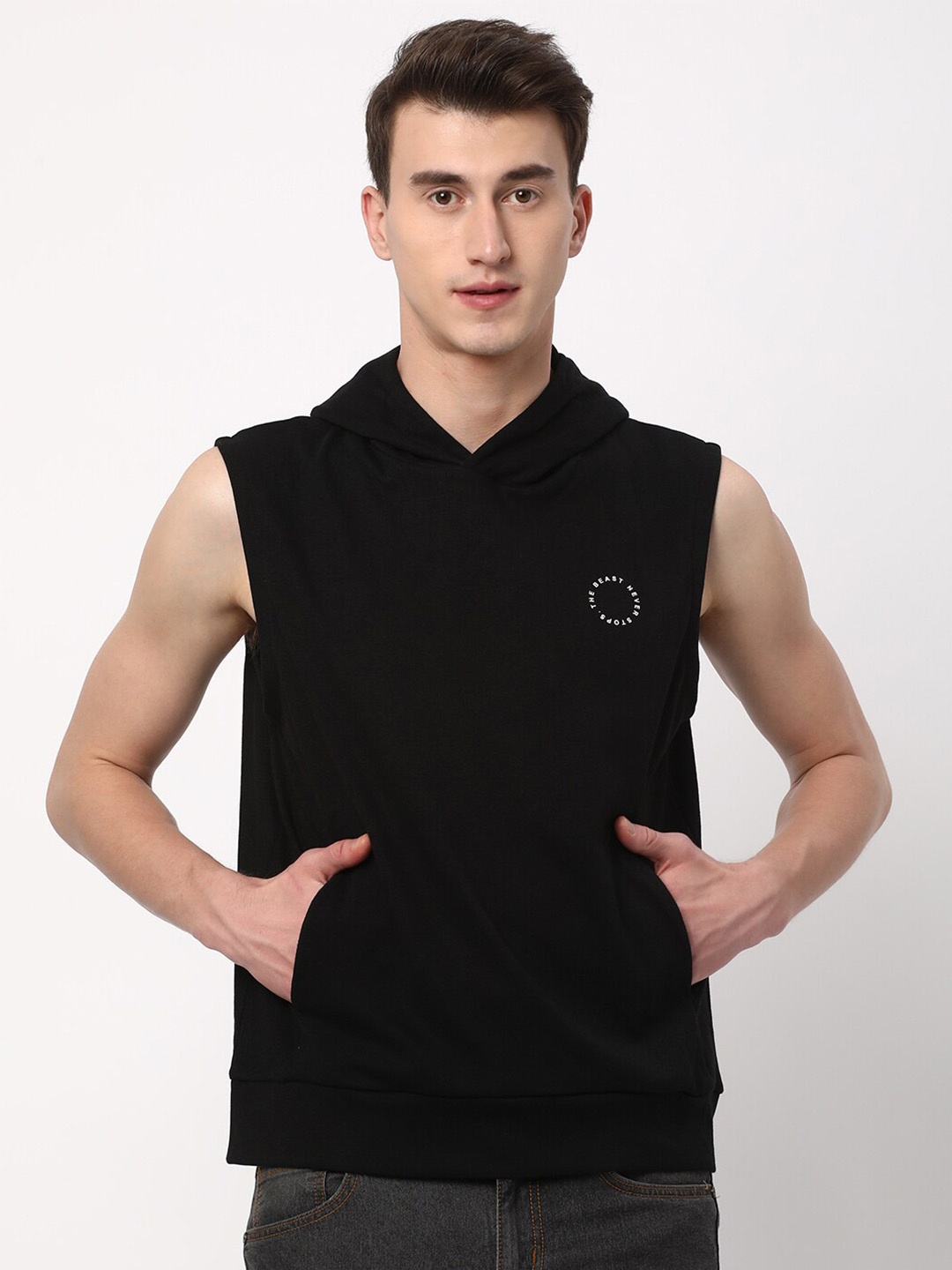 

R&B Hooded Sleeveless Cotton Sweatshirt, Black