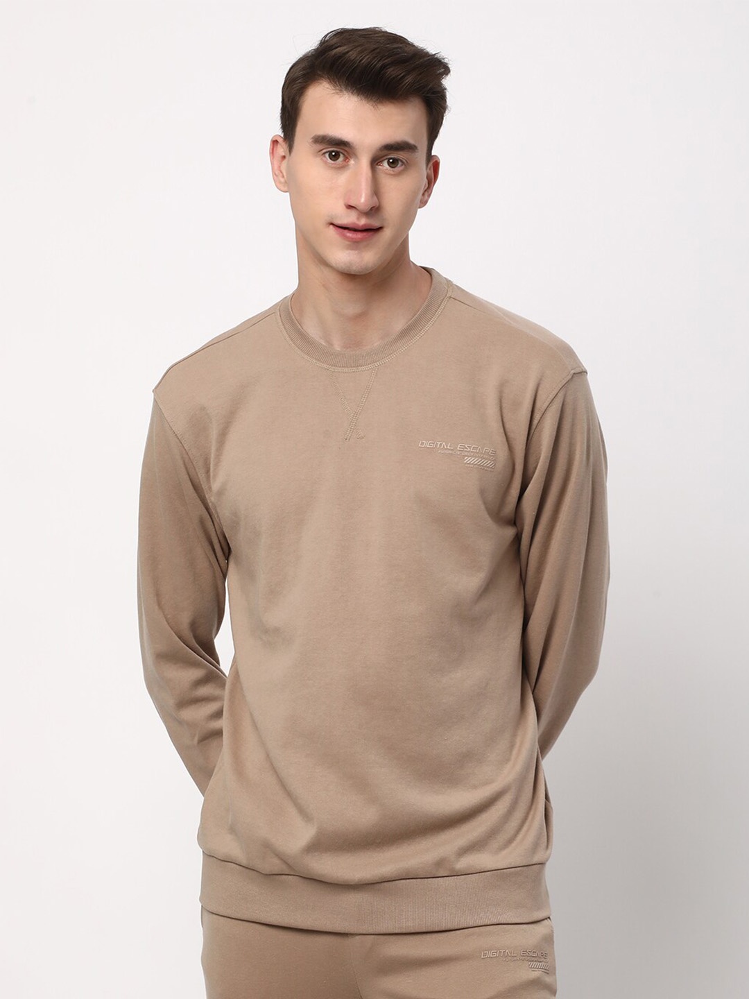 

R&B Round Neck Cotton Sweatshirt, Beige