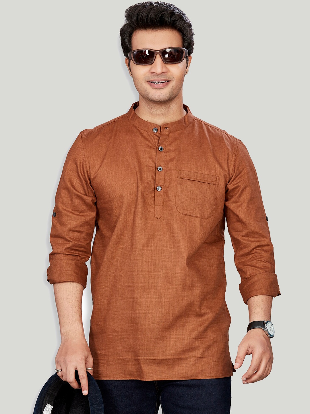 

Authentics Cotton Self Textured Short Kurta, Brown