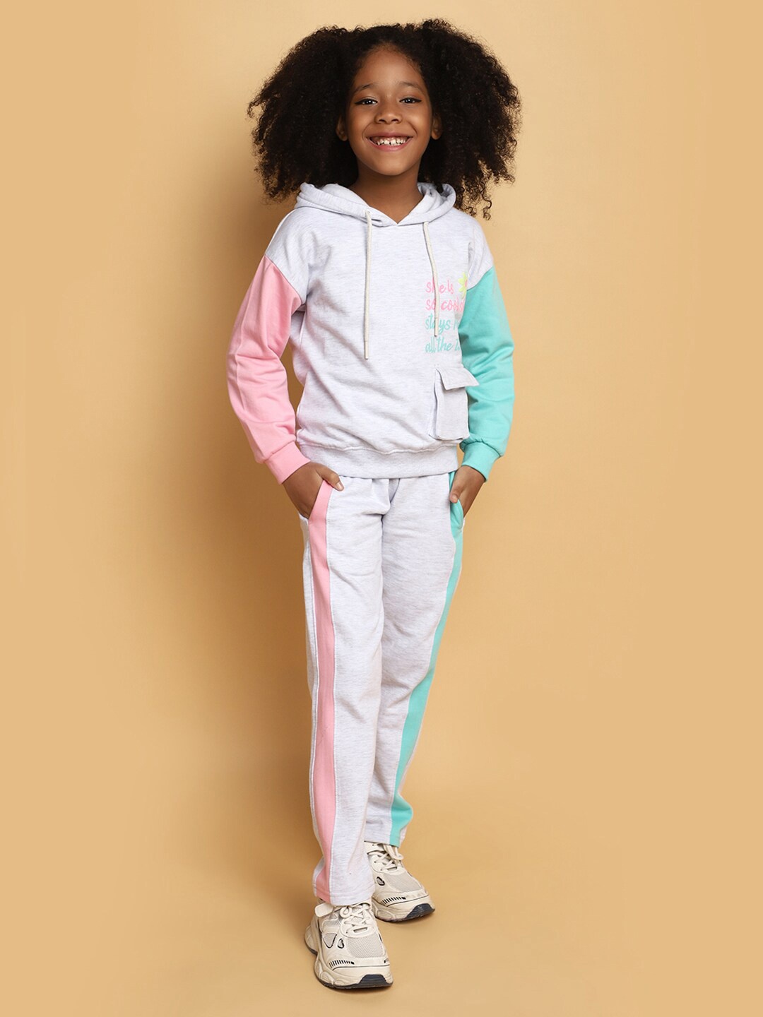 

V-Mart Girls Colourblocked Hooded Pure Cotton Sweatshirt With Trousers, Off white