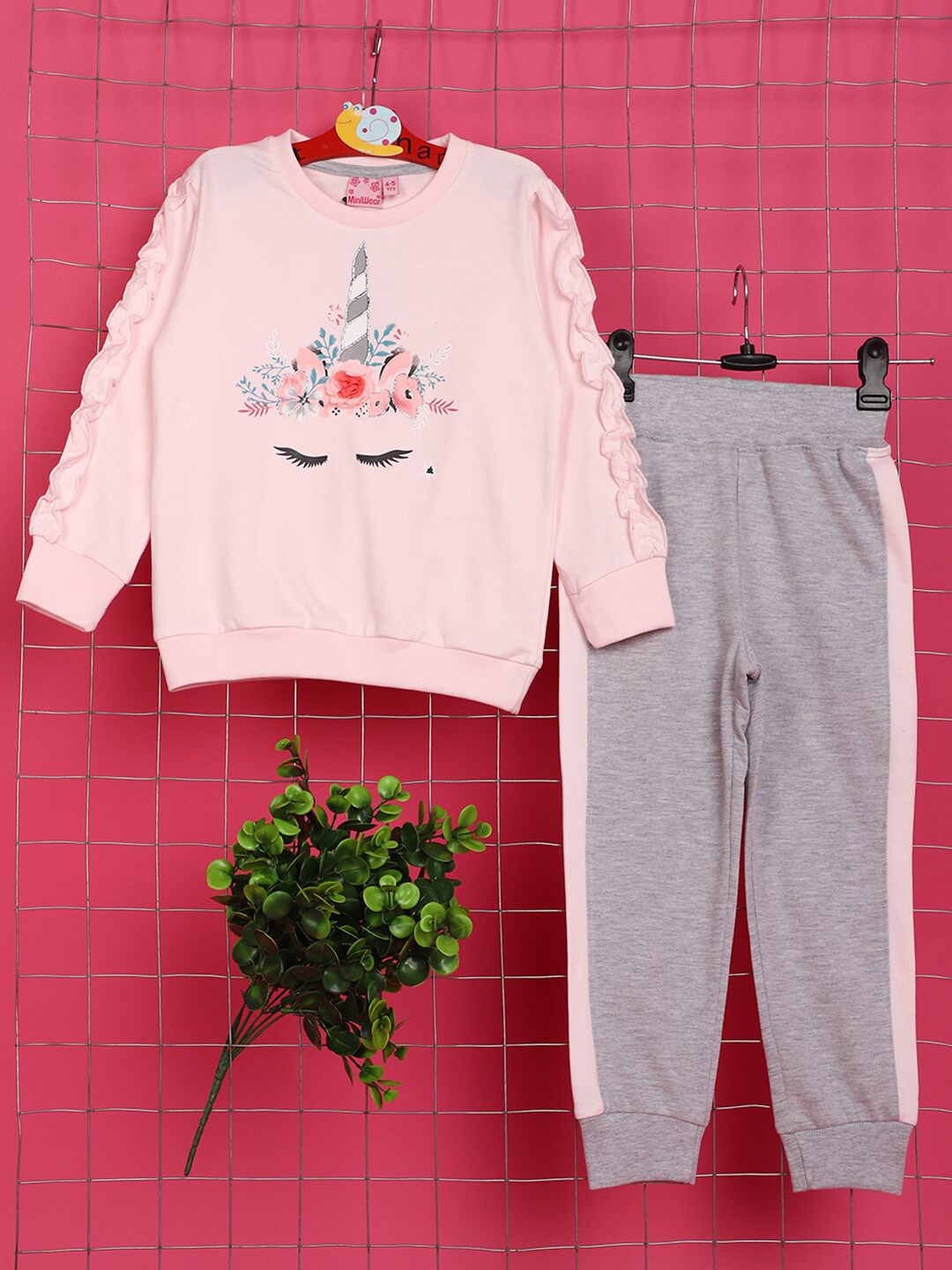 

V-Mart Girls Printed Ruffles Pure Cotton Sweatshirt With Joggers, Pink