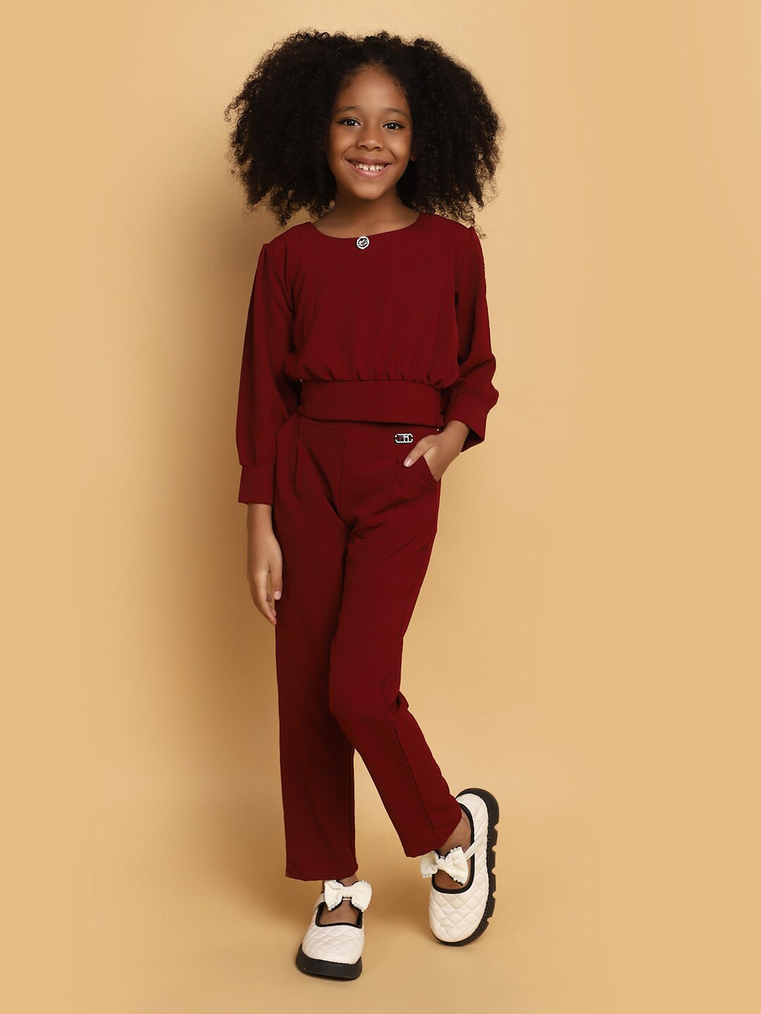 

V-Mart Girls Round Neck Pure Cotton Top With Trousers, Maroon