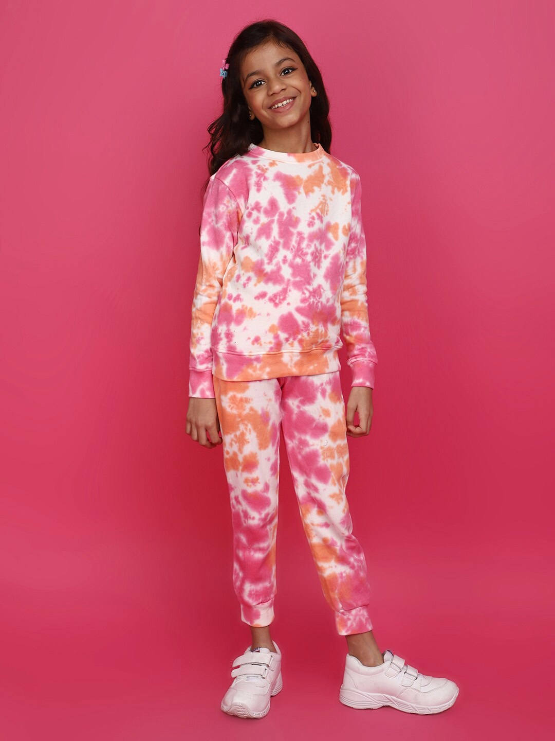 

V-Mart Girls Tie and Dye Pure Cotton Sweatshirt With Joggers, Pink