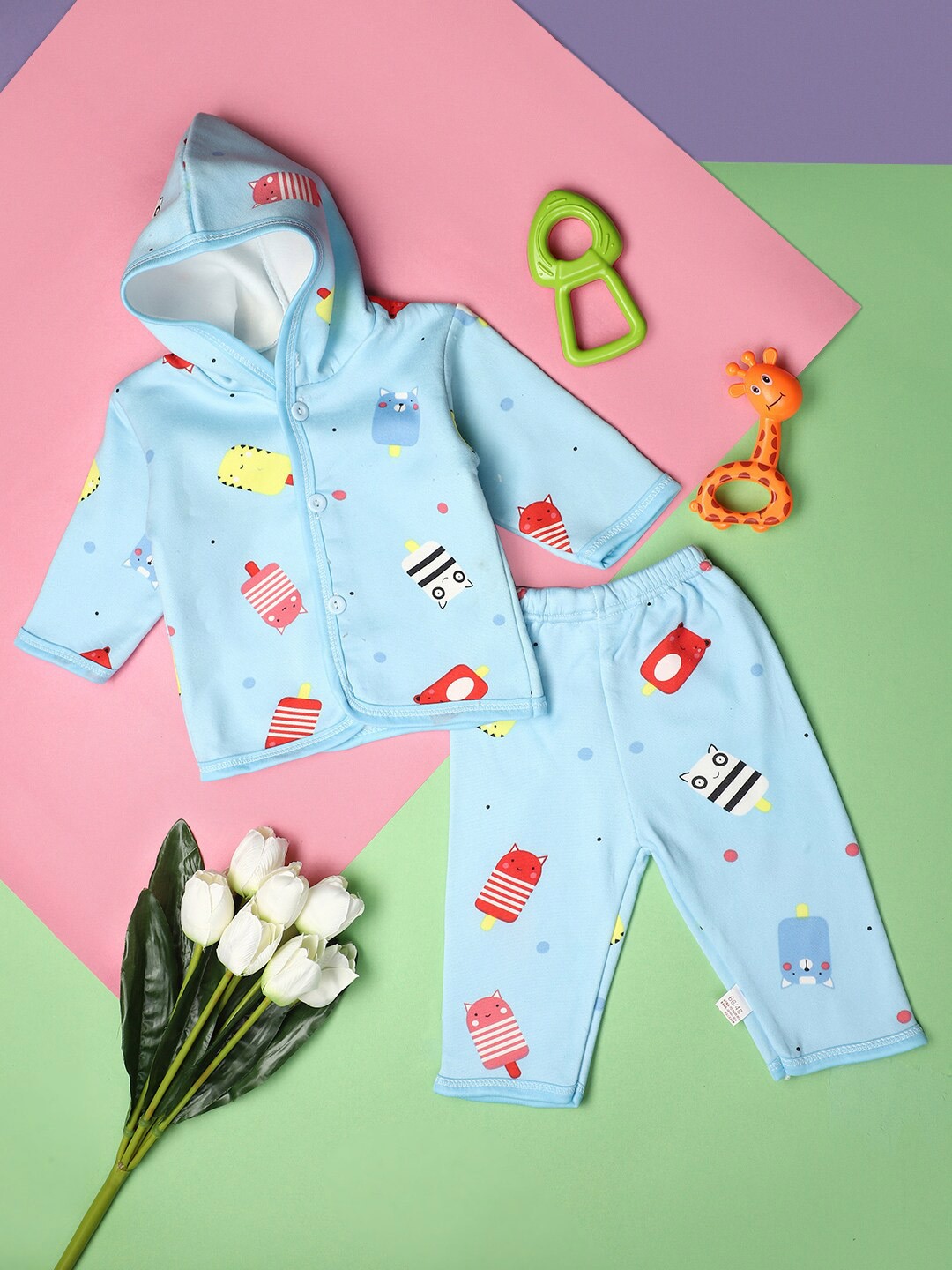 

V-Mart Infants Printed Hooded Pure Cotton T-shirt With Trousers, Blue