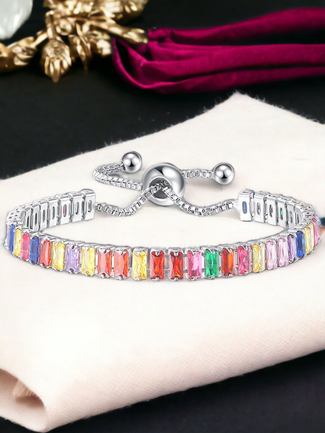 

Jewels Galaxy Silver-Plated Cubic Zirconia Studded Charm Bracelet