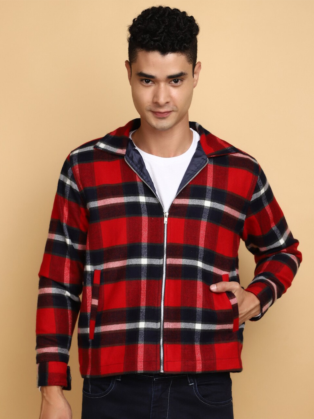 

V-Mart Tartan Checked Twill Weave Cotton Shacket, Red