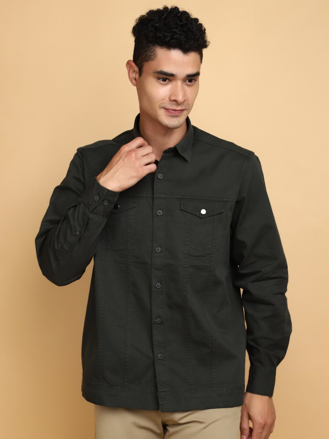 

V-Mart Long Sleeves Twill Weave Cotton Casual Shirt, Olive