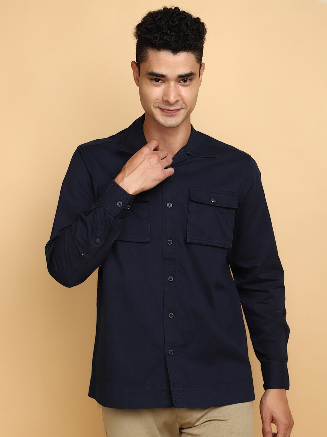 

V-Mart Long Sleeves Twill Weave Cotton Casual Shirt, Navy blue