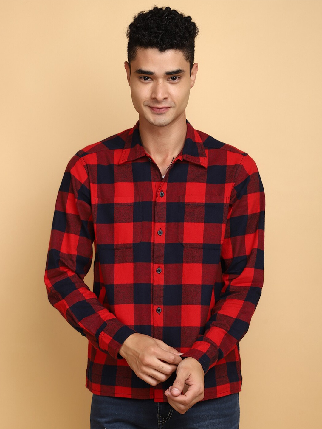 

V-Mart Tartan Checked Twill Weave Cotton Shacket, Red