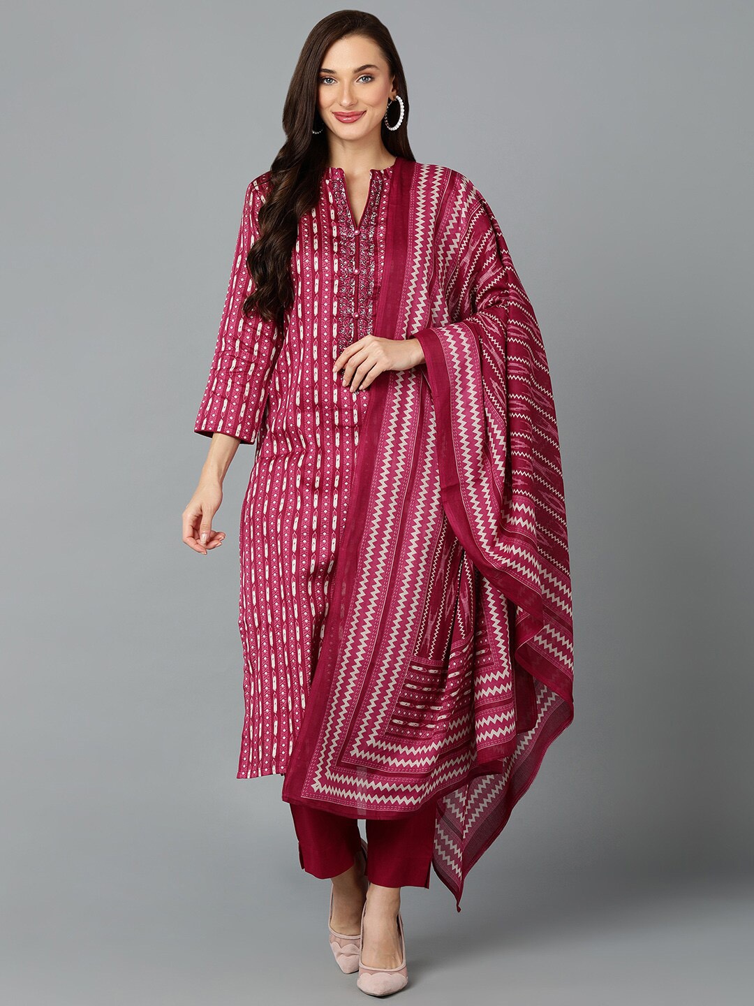 

AHIKA Ethnic Motifs Printed Thread Work Straight Kurta & Trousers With Dupatta, Burgundy