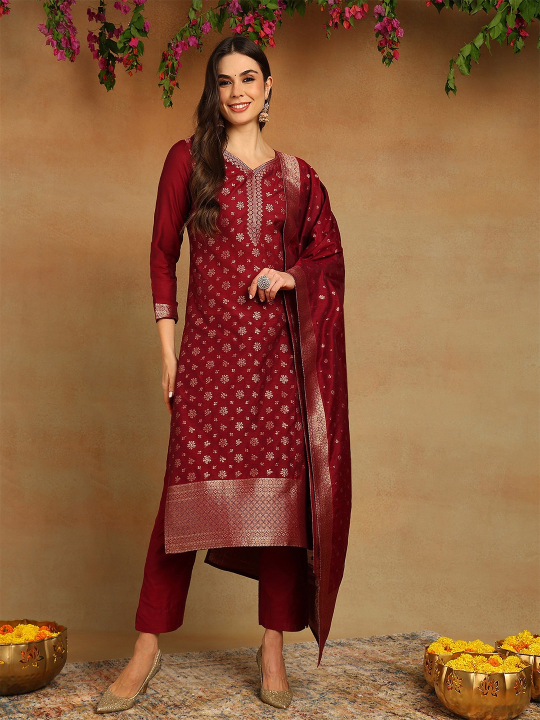 

AHIKA Ethnic Motifs Woven Designed Regular Kurta With Trousers & Dupatta, Red