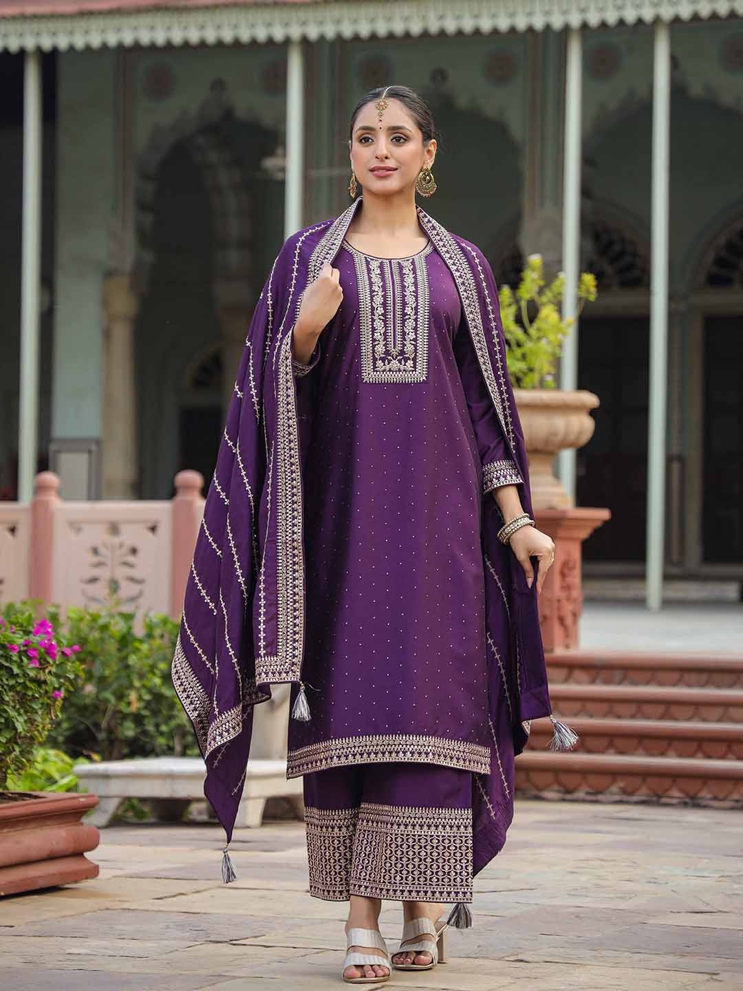 

AHIKA Ethnic Motifs Yoke Design Straight Kurta & Palazzos With Dupatta, Purple