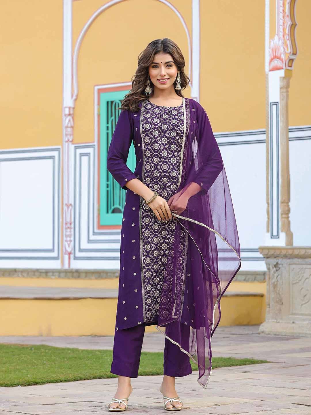 

AHIKA Ethnic Motif Embroidered Straight Kurta & Trousers With Dupatta, Purple