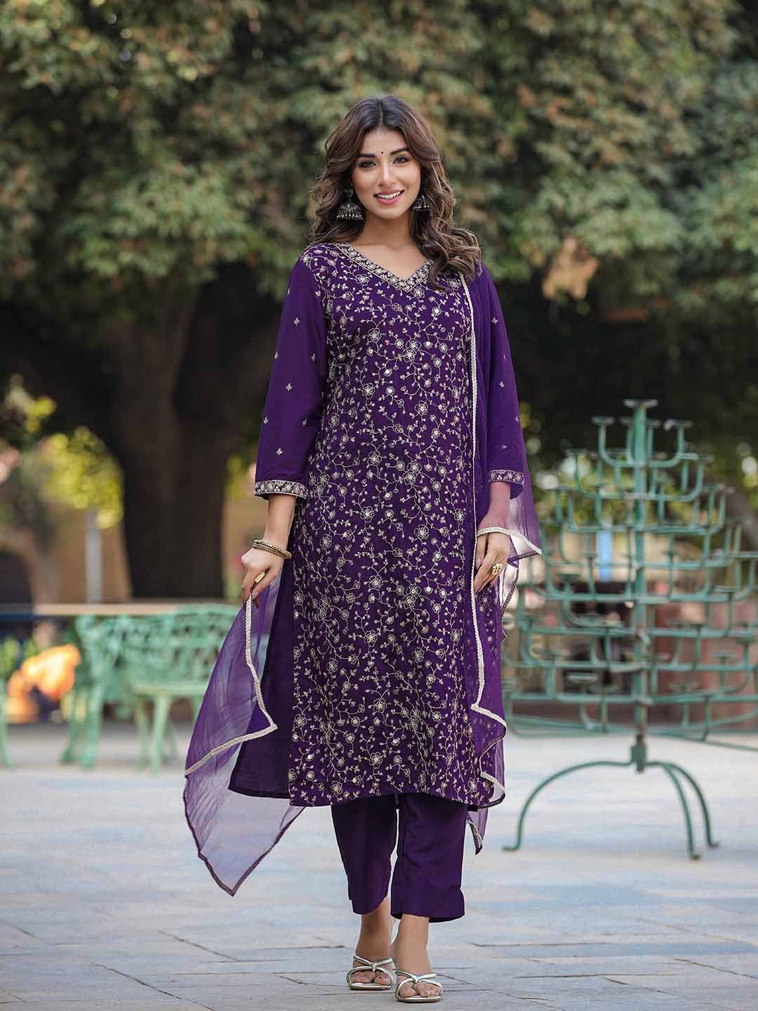

AHIKA Floral Embroidered Regular Sequinned Kurta With Trousers & Dupatta, Purple