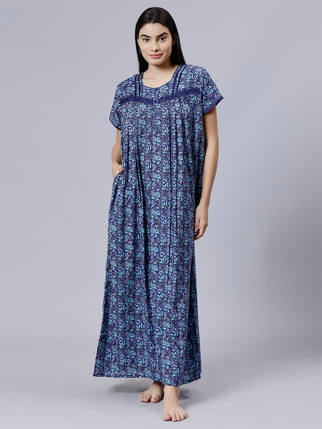 

NIGHTSPREE Geometric Printed Square Neck Pure Cotton Maxi Nightdress, Blue