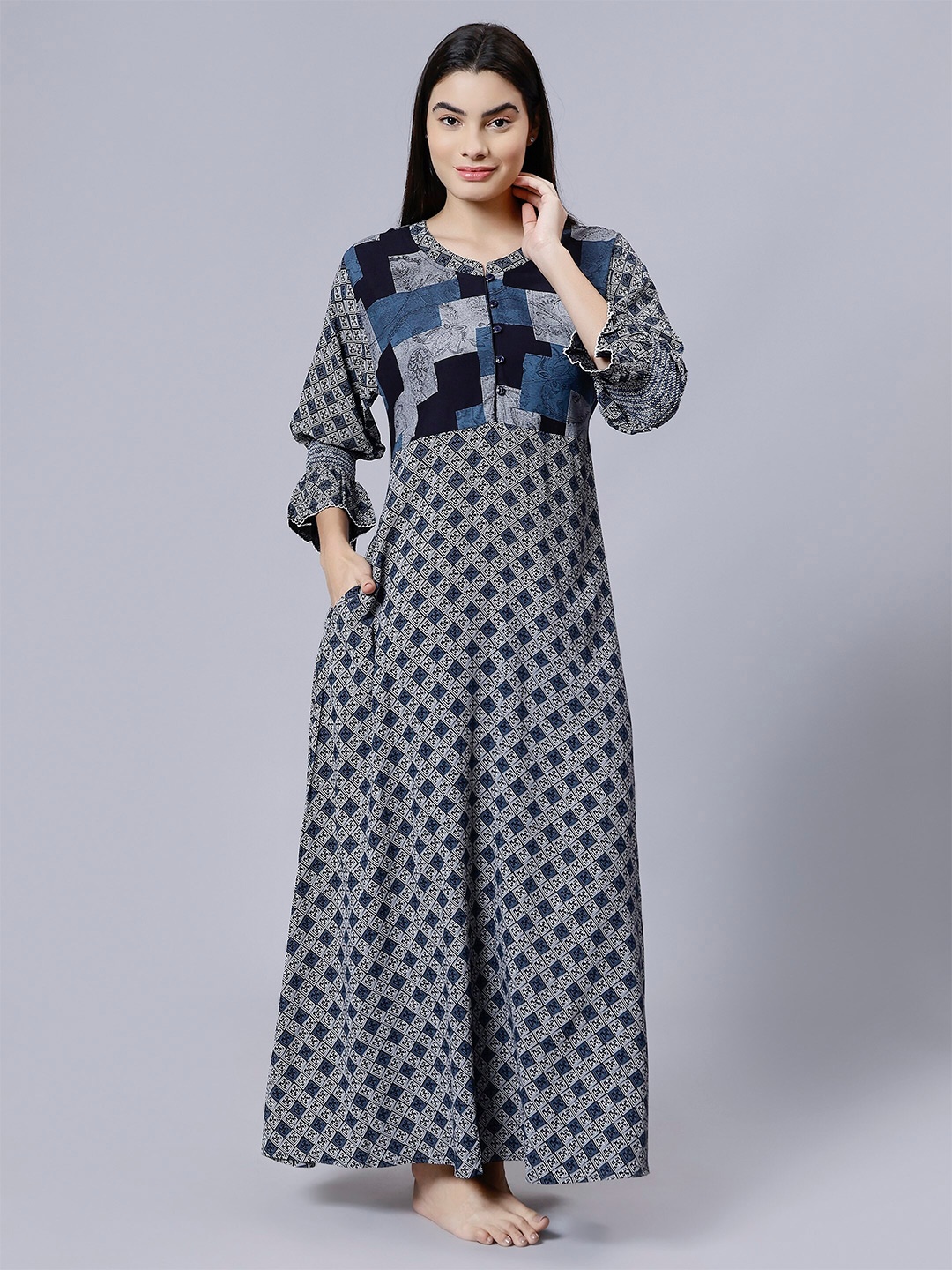 

NIGHTSPREE Geometric Printed Maxi Nightdress, Grey