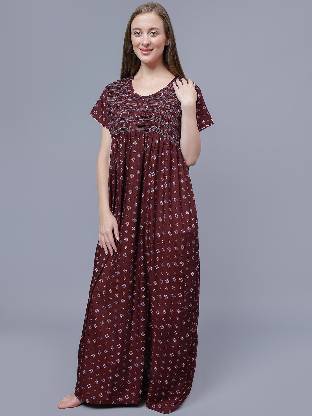 

NIGHTSPREE Geometric Printed Cotton Maxi Nightdress, Maroon