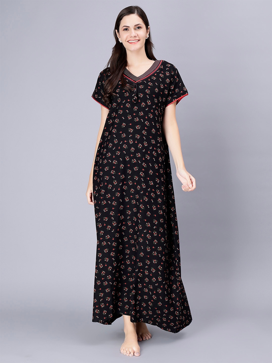 

NIGHTSPREE Floral Printed Pure Cotton Maxi Nightdress, Black