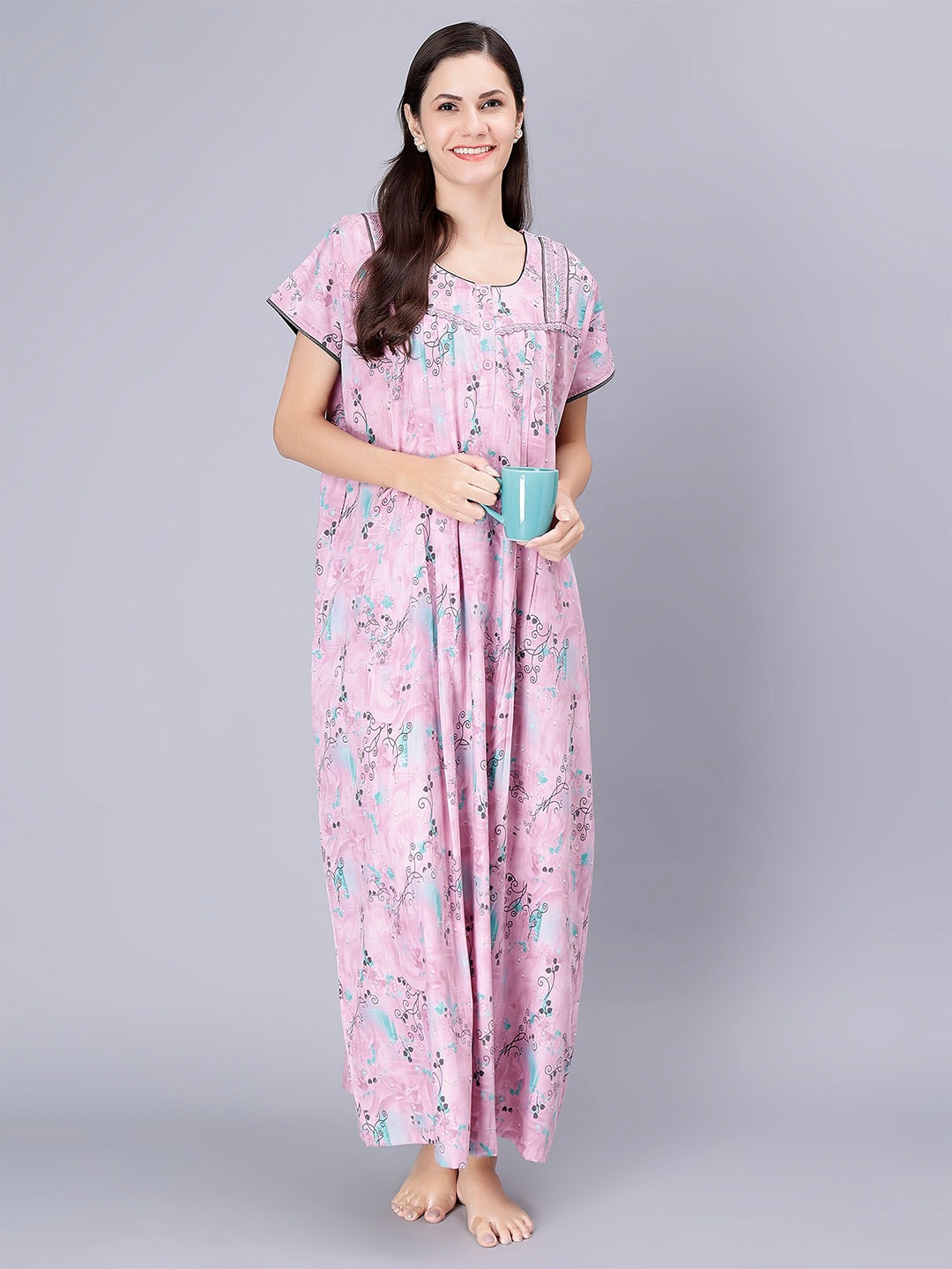 

NIGHTSPREE Floral Printed Cotton Maxi Nightdress, Pink