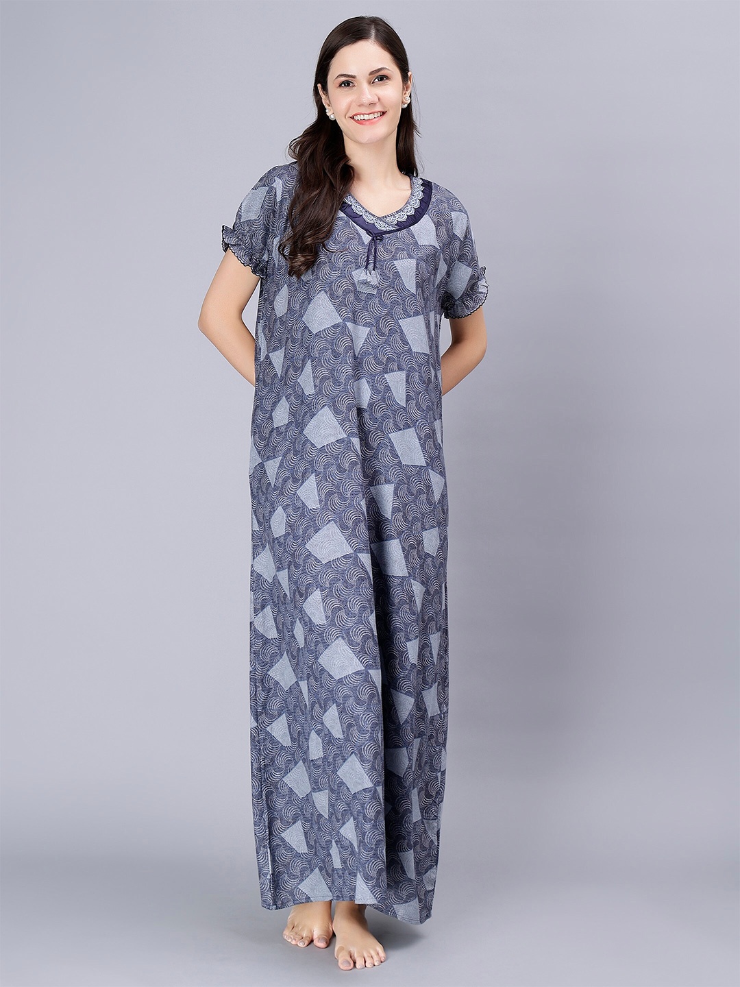 

NIGHTSPREE Geometric Printed Cotton Maxi Nightdress, Blue