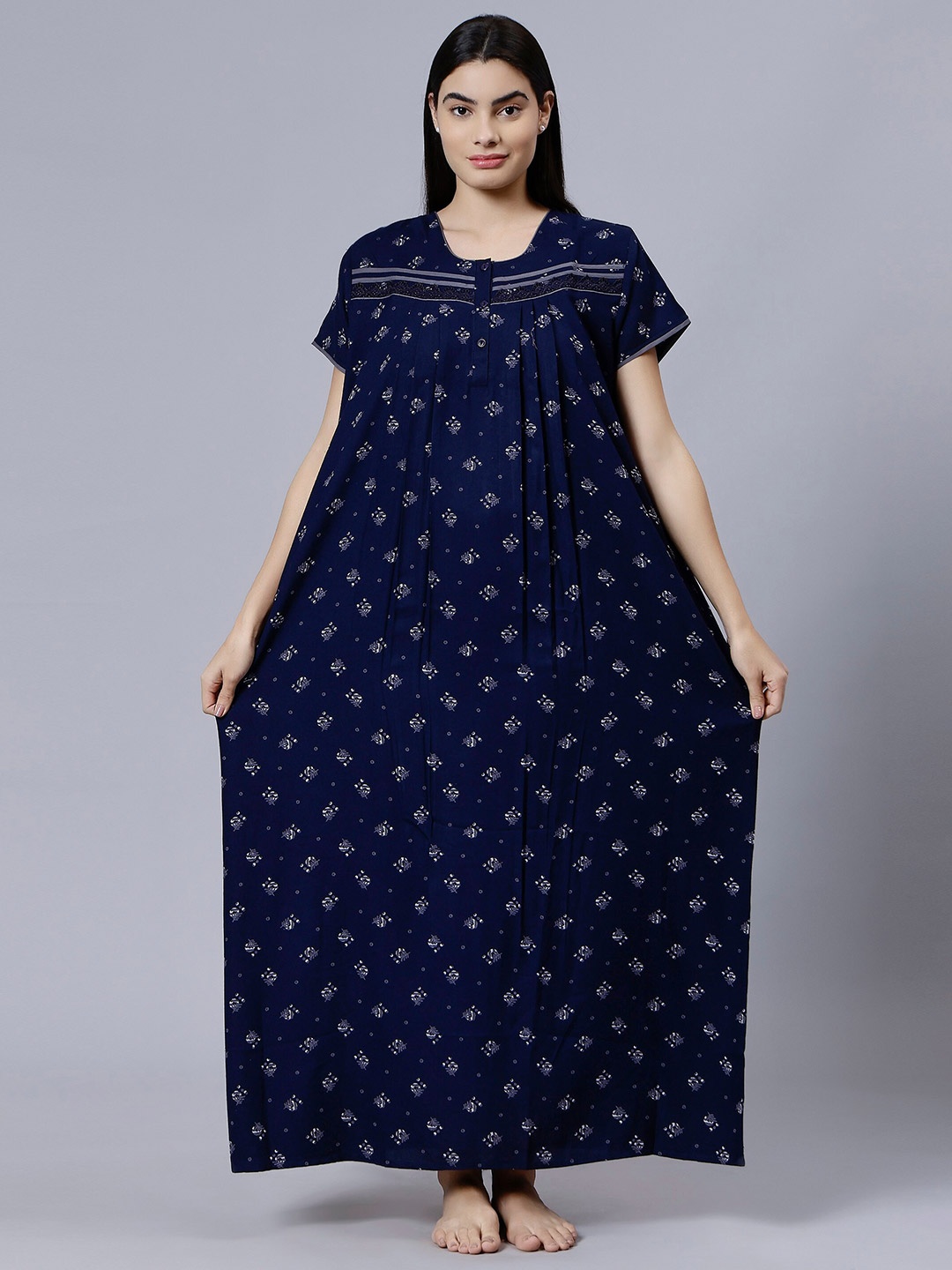 

NIGHTSPREE Navy Blue Printed Maxi Nightdress