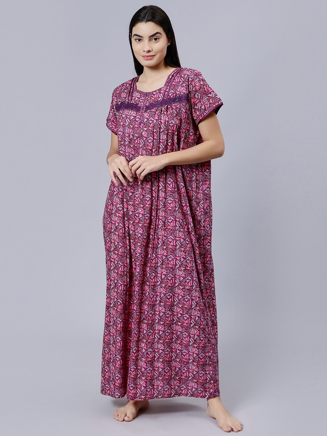 

NIGHTSPREE Geometric Printed Square Neck Pure Cotton Maxi Nightdress, Magenta