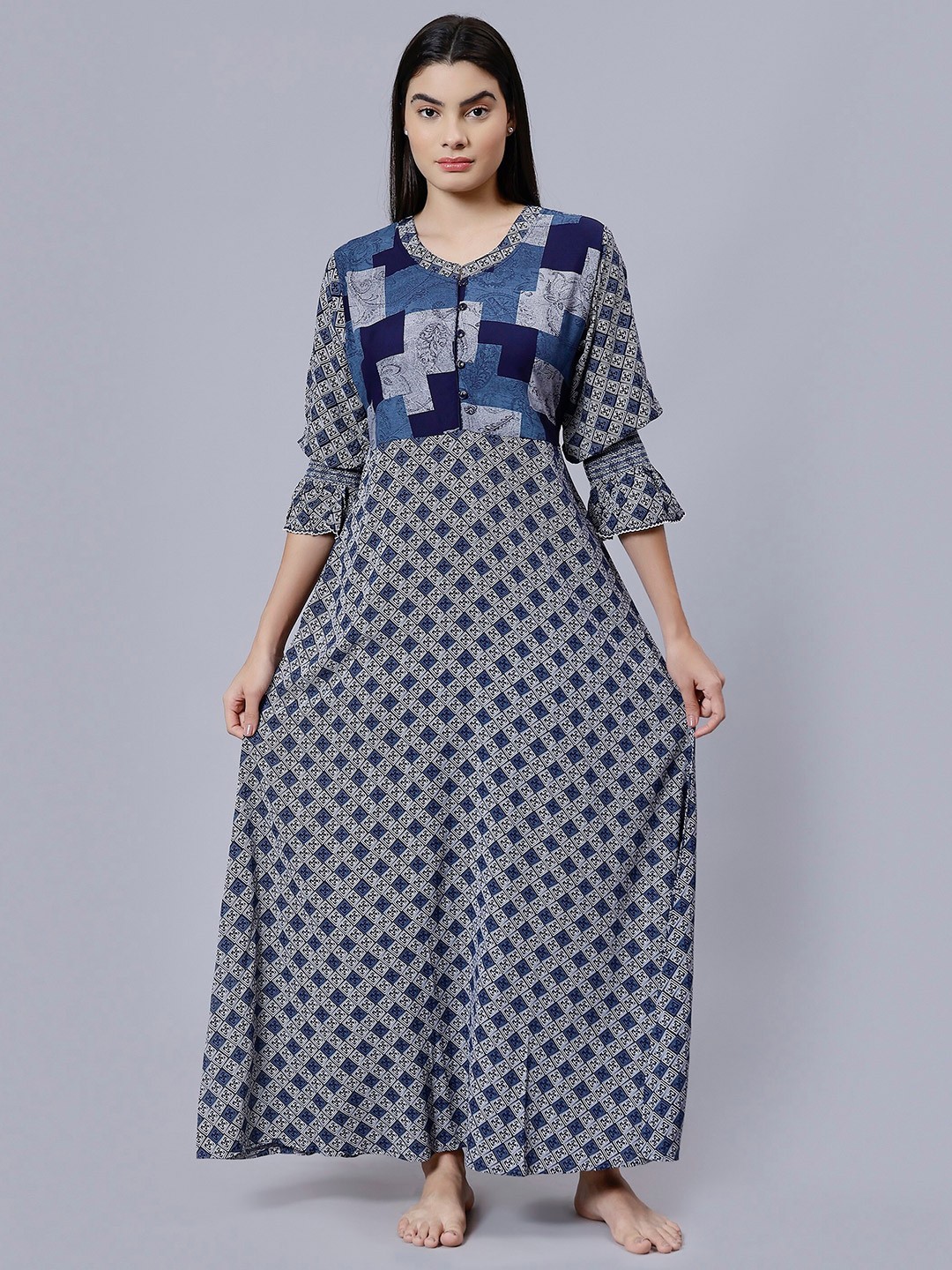 

NIGHTSPREE Geometric Printed Maxi Nightdress, Blue