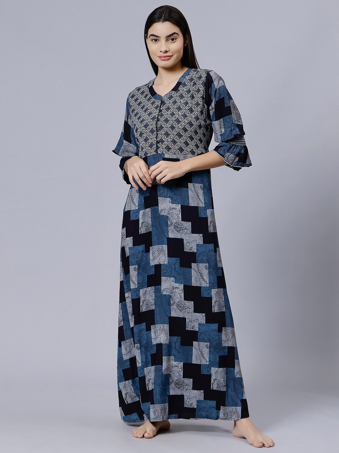 

NIGHTSPREE Geometric Printed Maxi Nightdress, Black