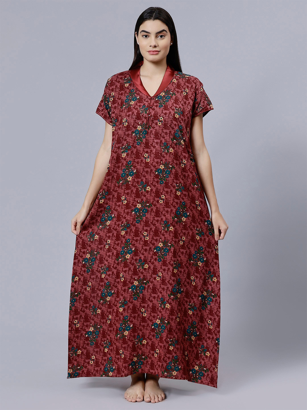 

NIGHTSPREE Floral Printed Cotton Maxi Nightdress, Maroon