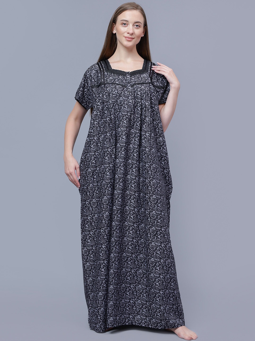 

NIGHTSPREE Abstract Printed Maxi Nightdress, Black