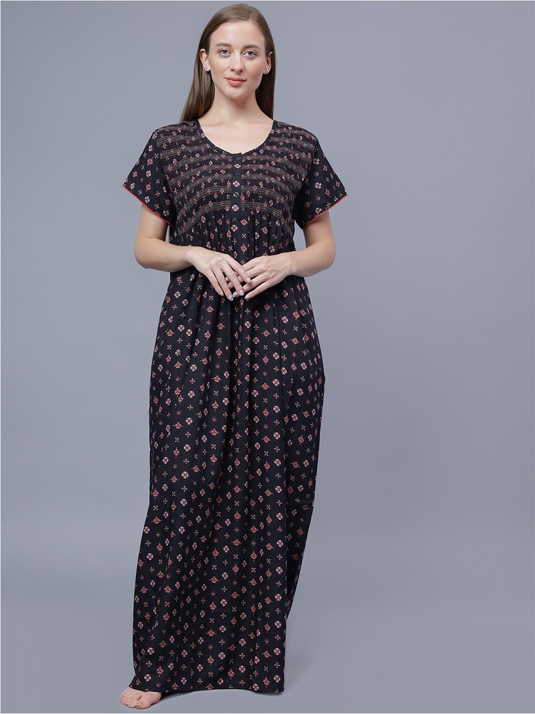

NIGHTSPREE Geometric Printed Pure Cotton Maxi Nightdress, Black