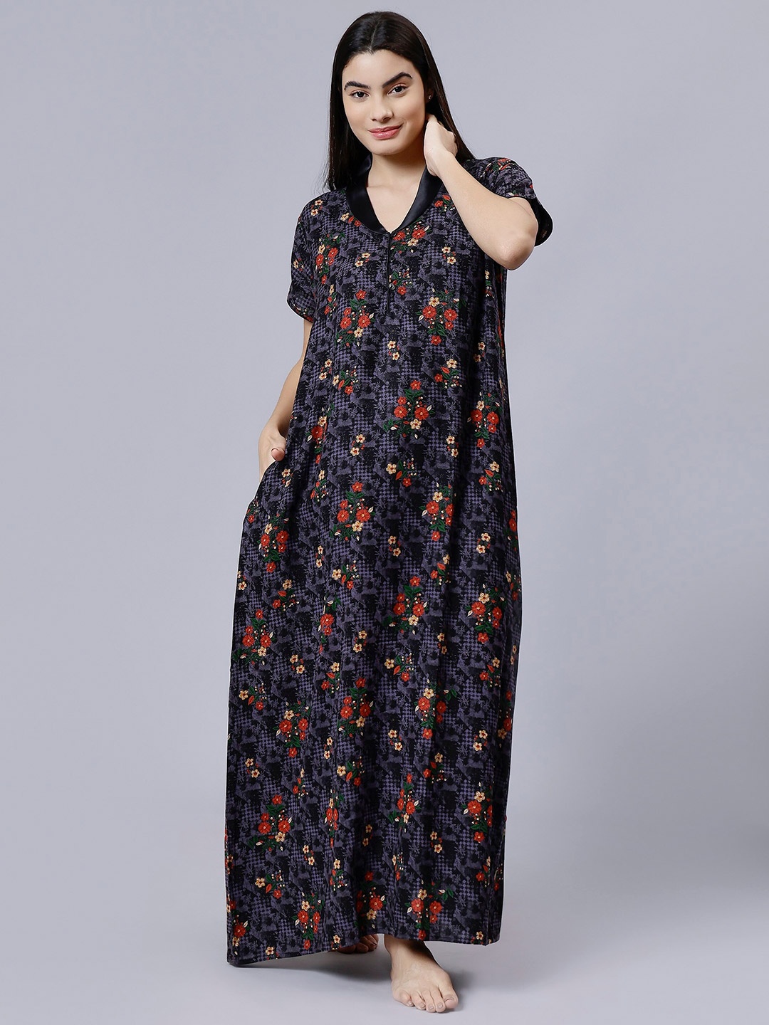 

NIGHTSPREE Floral Printed Maxi Nightdress, Black
