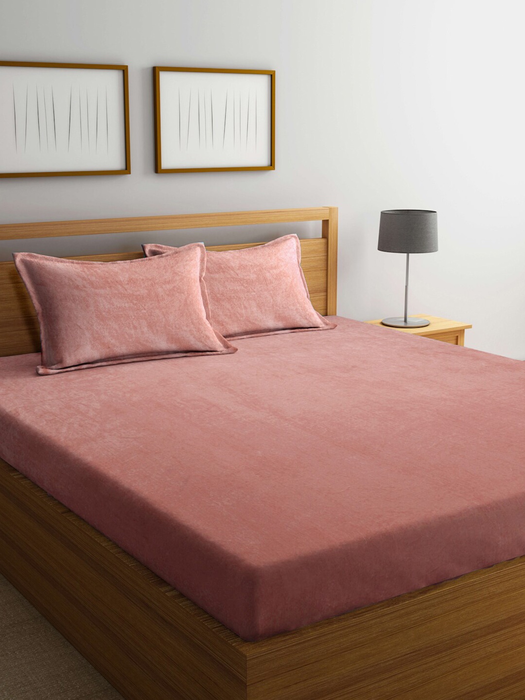 

FABINALIV Peach 300 TC Woollen Fitted Double King Bedsheet with 2 Pillow Covers