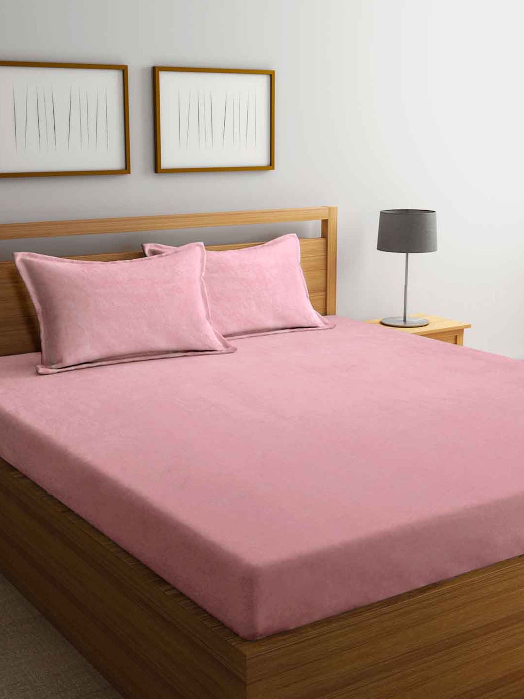 

FABINALIV Pink 300 TC Woollen King Size Fitted Double Bedsheet with 2 Pillow Covers