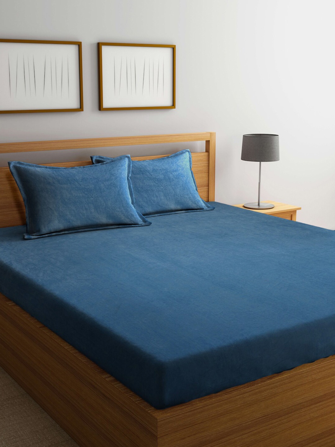 

FABINALIV Blue 300 TC Woollen King Size Fitted Double Bedsheet with 2 Pillow Covers